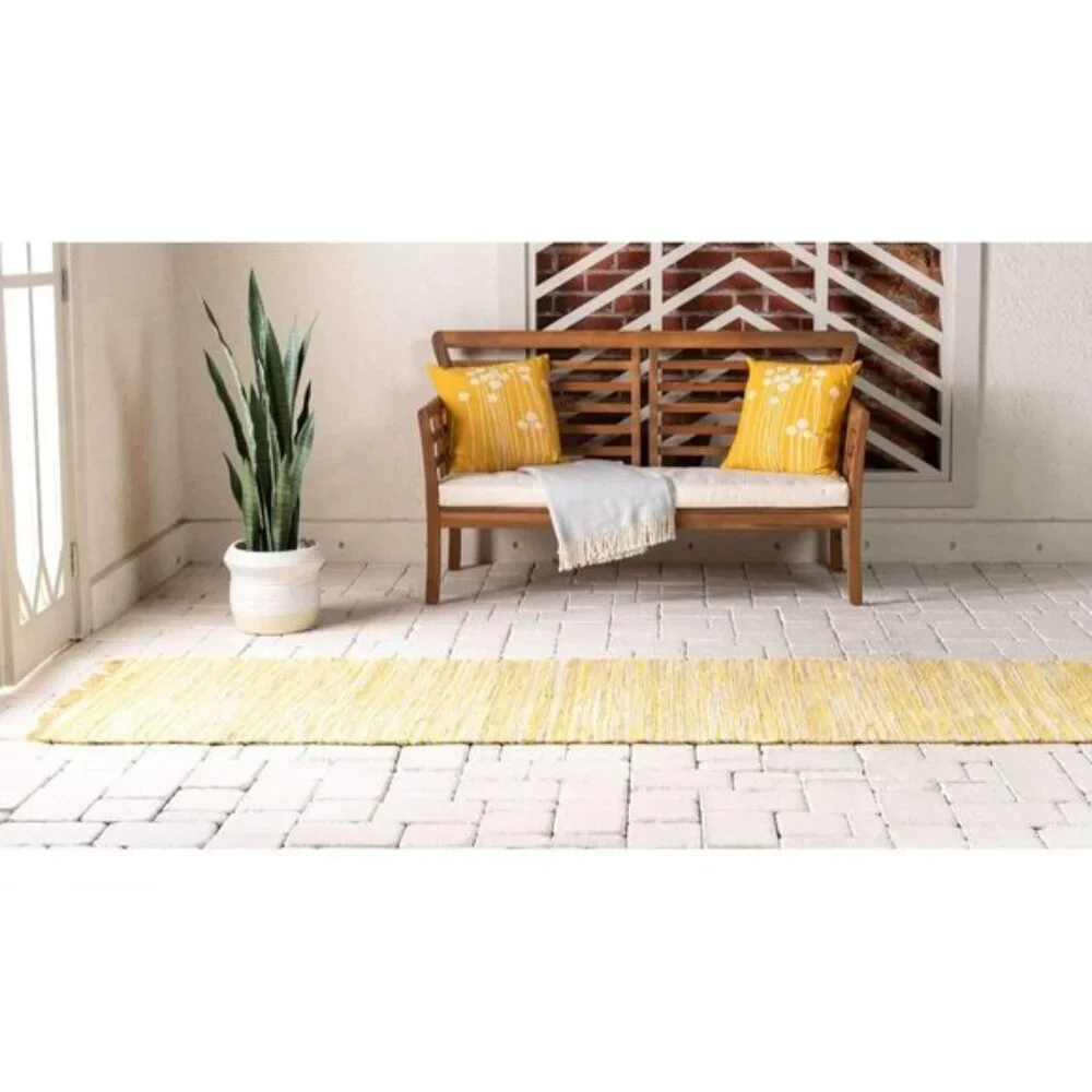 New Chindi Cotton Hand-Woven Rug, 2.7 x 9.10 ft Striped Natural Fiber, Yellow